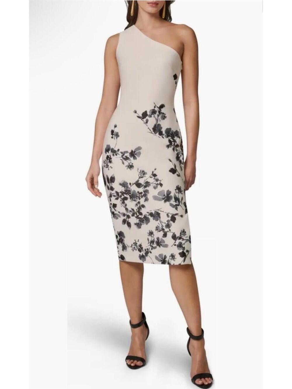 New Donna Karan New York One Shoulder Floral Print Dress Cream/Black Multi Sz 8